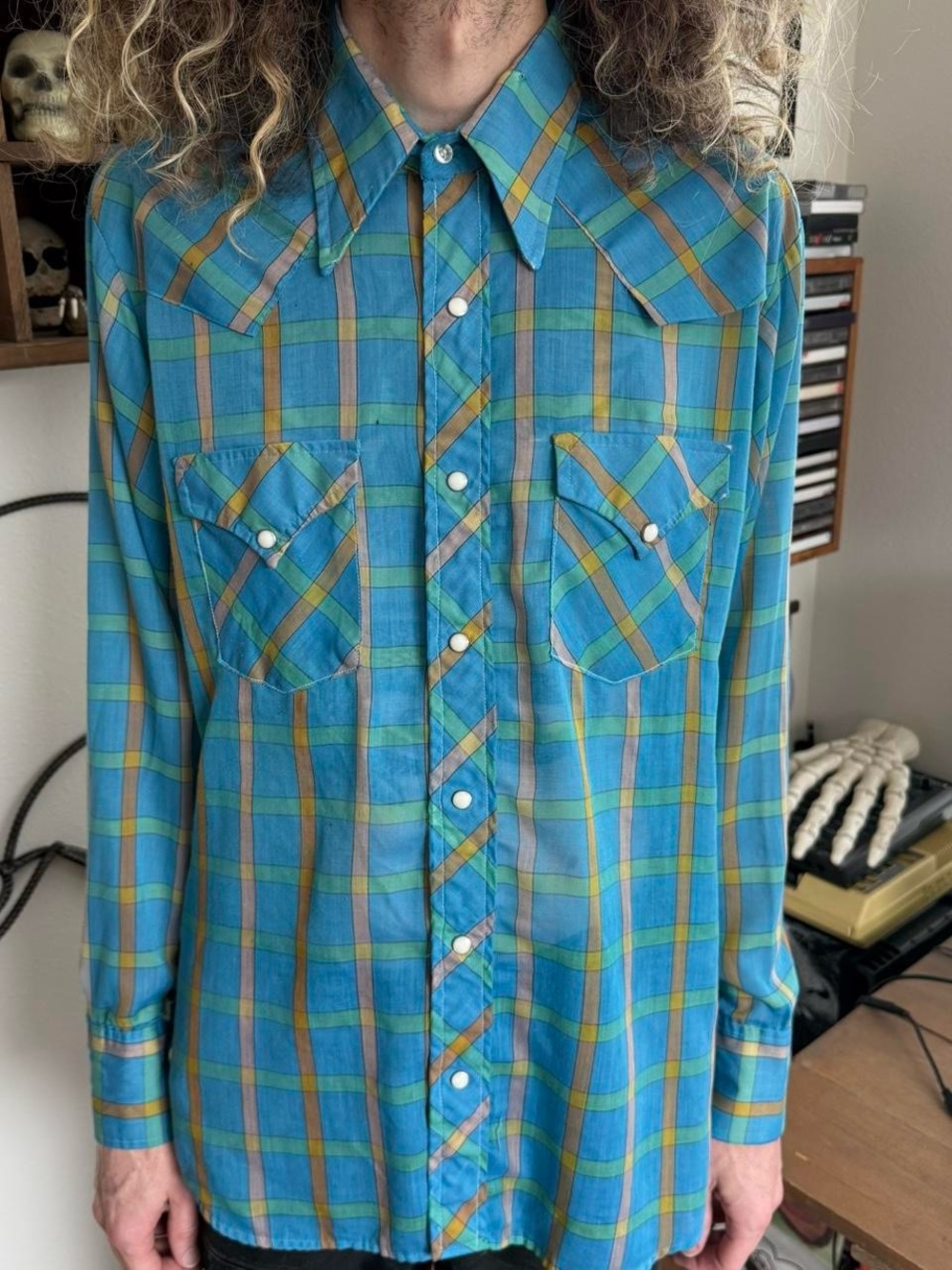 💀 SOLD 💀 Vintage 60s 70s Blue Plaid Pearl Snap Western Ely Plains ~ Size XL - Picture 4 of 8